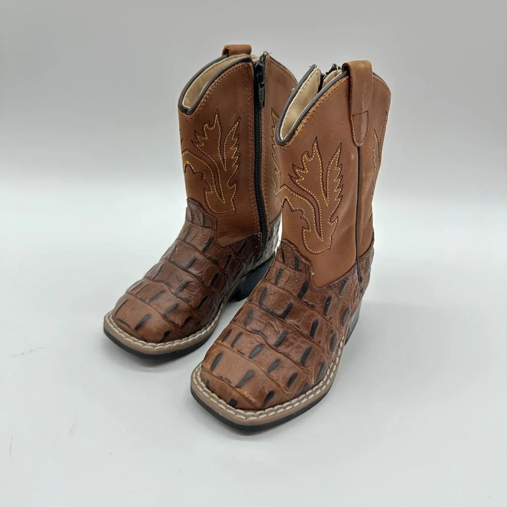 Old west toddler boys 6.0-D side zip exotic print brown square toe